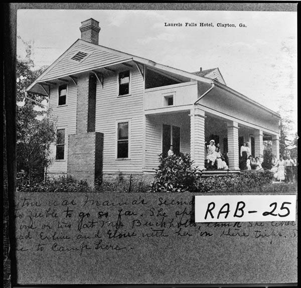 Courtesy of the Georgia Archives. Clayton, early 1920s. Laurels Falls Hotel with people gathered on the porch. It was started by Rev. C. W. Smith after he came to Clayton in 1915. 